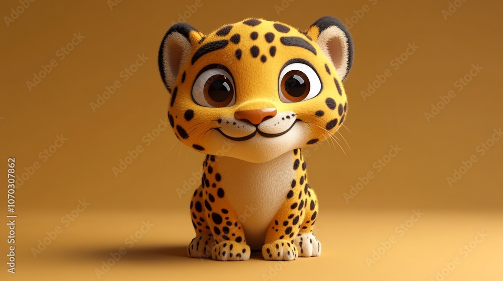 Adorable 3D cartoon baby jaguar with big eyes sitting on an orange background. Adorable 3D cartoon baby jaguar with big eyes sitting on an orange background.