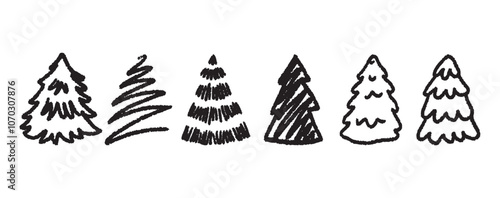 christmas trees set, black shape doodle vector illustration isolated on white background, flat design, hand drawn elements for christmas decoration,poster,cards,prints,banner,background