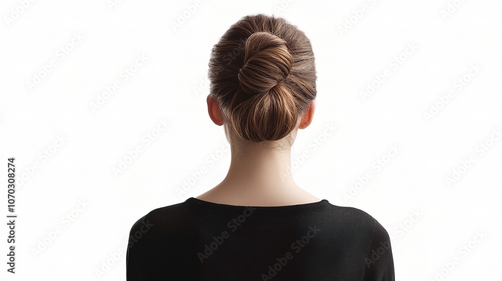 Fototapeta premium Elegant Woman with Bun Hairstyle Against White Background