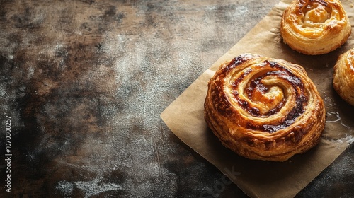 Warm and flaky pastry rolls placed on a rustic surface, showcasing a golden brown, spiraled design that invites taste and texture appreciation during a cozy afternoon photo