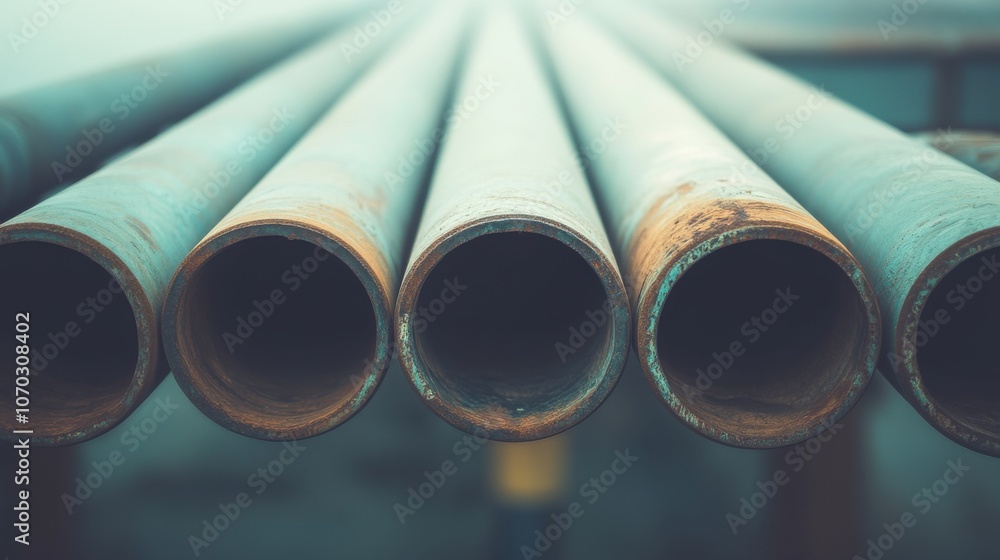 Close-up view of rusty metal pipes stacked horizontally in an industrial setting on a cloudy day at a construction site Close-up view of rusty metal pipes stacked horizontally in an industrial setting on a cloudy day at a construction site
