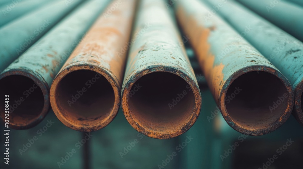 Rusty pipes arranged in a row highlight the weathered industrial materials found at a construction site during the late afternoon hours Rusty pipes arranged in a row highlight the weathered industrial materials found at a construction site during the late afternoon hours