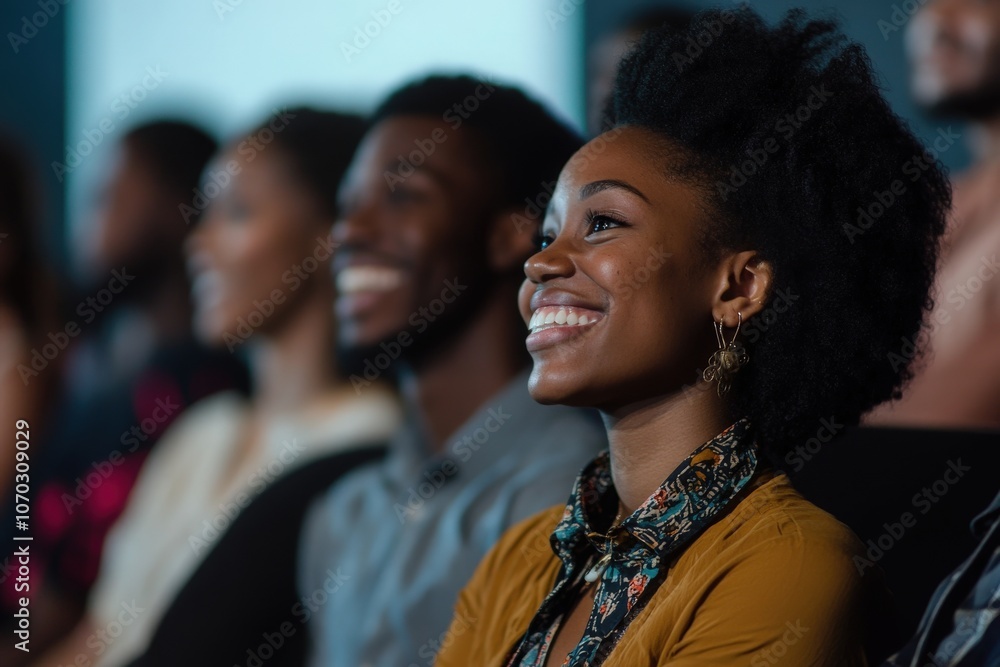 Members of a black audience are smiling broadly during an engaging presentation at a community event. Their expressions reflect enjoyment and interest in the topics being discussed. Members of a black audience are smiling broadly during an engaging presentation at a community event. Their expressions reflect enjoyment and interest in the topics being discussed.