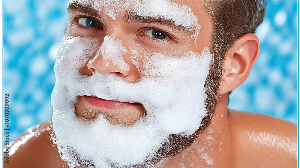 Fototapeta premium Young Man With Foam on His Face Enjoying a Refreshing Wash While Smiling in a Bright Bathroom