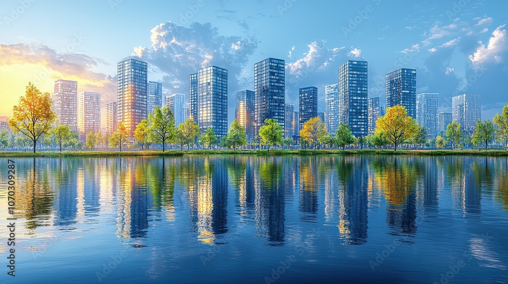 Naklejka premium A vibrant city skyline reflects off a serene lake with lush trees, showcasing a harmonious blend of nature and urban architecture.