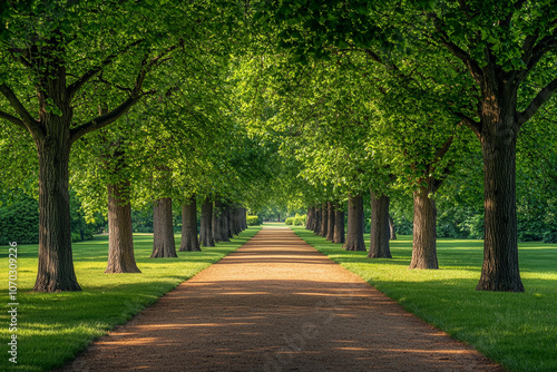 Lush tree-lined pathway in a park during a sunny afternoon