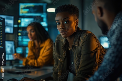 A group of Black technicians focuses on troubleshooting technical issues together in a contemporary office. They work with multiple computer screens displaying data and analytics.