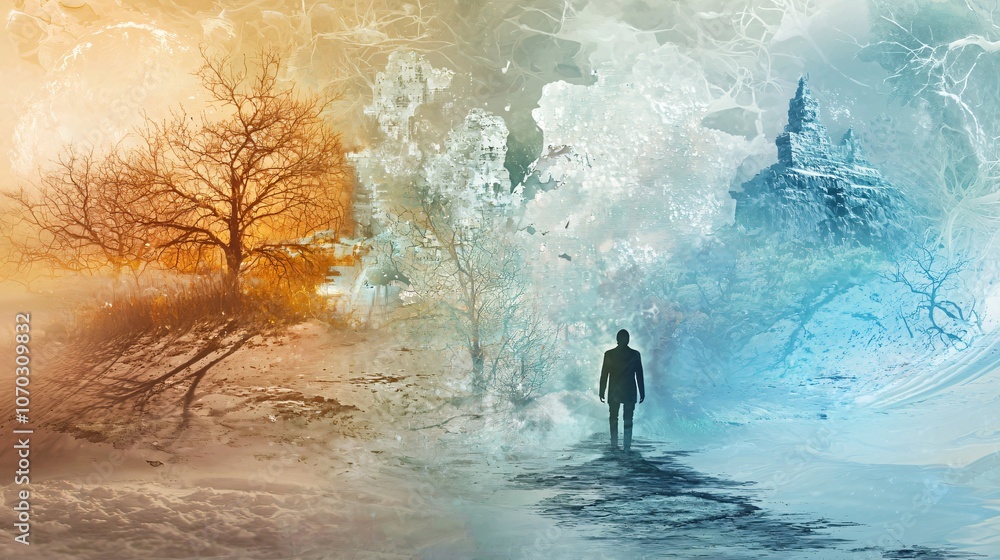 A figure mysteriously moves through ethereal layers of colorful seasons blending nature's beauty and enchantment A figure mysteriously moves through ethereal layers of colorful seasons blending nature's beauty and enchantment