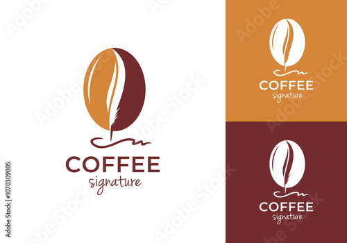 quill pen signature and coffee bean logo. drink, restaurant, cafe, feather ink, deal, symbol vector design