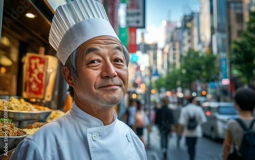 Smiling Chef in a Busy City photo