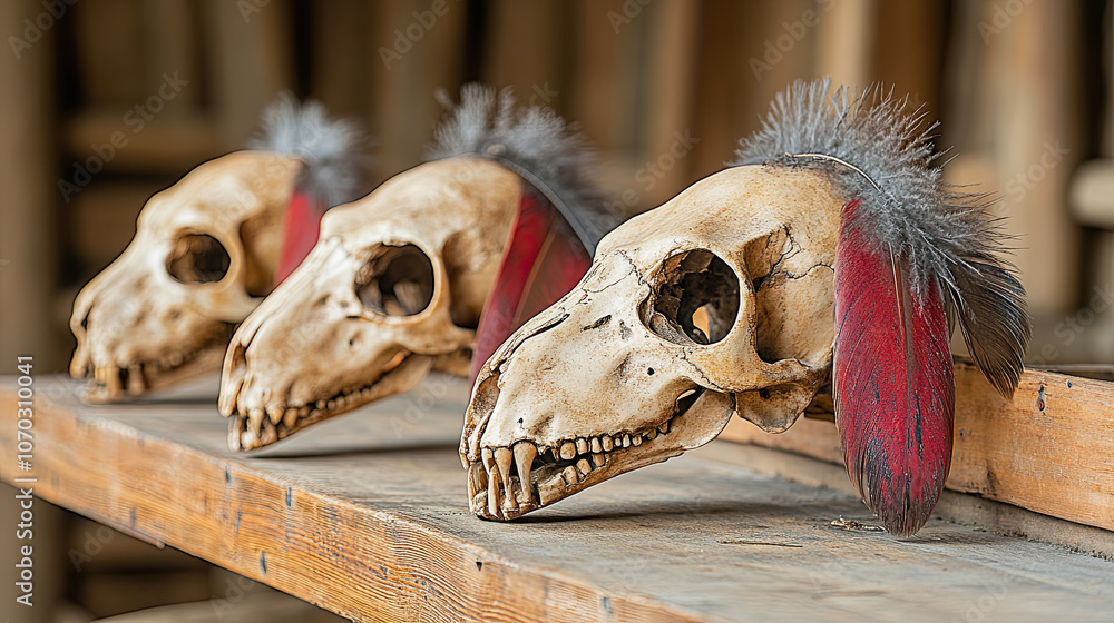 Three Decorative Animal Skulls Adorned With Feathers Displayed on a Wooden Shelf in a Rustic Setting Three Decorative Animal Skulls Adorned With Feathers Displayed on a Wooden Shelf in a Rustic Setting