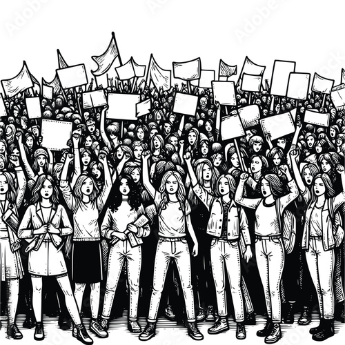 hand drawn illustration of people protesting. black and white crowd people protest vector illustration