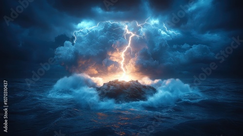 A single, powerful lightning bolt strikes a small island in the middle of a stormy sea.