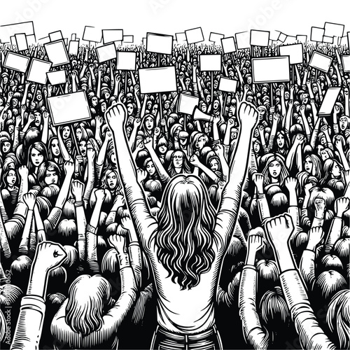 Hand Drawn Protester Crowd in Black and White Vector Illustration