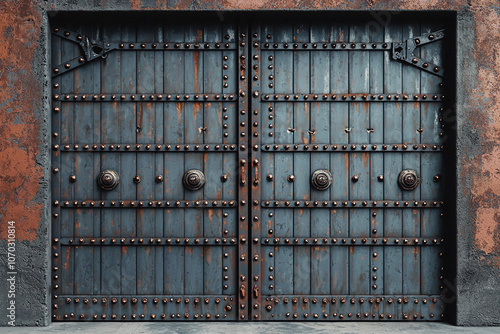 Ornate studded wooden doors on a wall photo