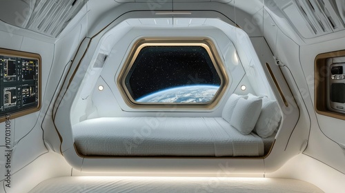 Fototapeta Naklejka Na Ścianę i Meble -  High-Tech Sleeping Pod in a Space Station with Advanced Control Panels and a View of Earth from Space