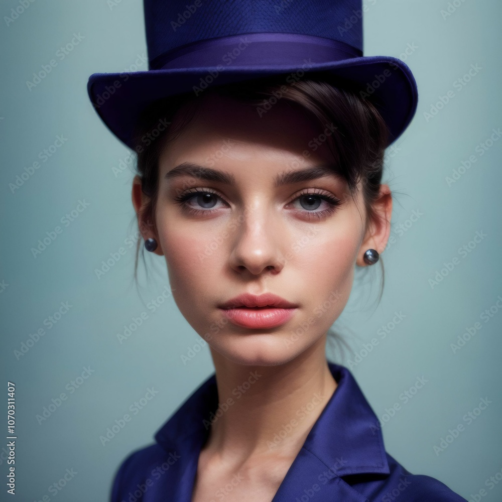A photograph of a young woman with fair skin and dark brown hair, styled in a loose updo. She wears a navy blue top hat with a matching coat and small, round, dark earrings. A photograph of a young woman with fair skin and dark brown hair, styled in a loose updo. She wears a navy blue top hat with a matching coat and small, round, dark earrings.