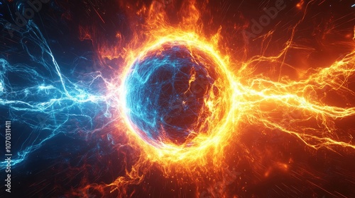 Dynamic Energy Sphere with Electric Pulses and Vibrant Orange and Blue Glow in a Futuristic Abstract Representation of Quantum Mechanics