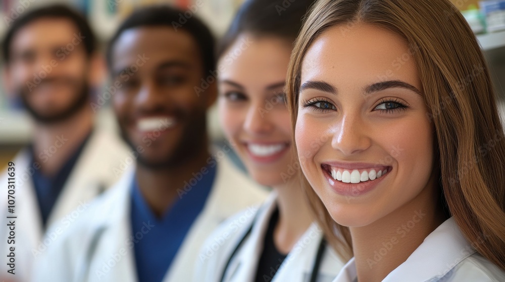 Young healthcare professionals smile confidently while showcasing teamwork in a medical facility during a sunny afternoon Young healthcare professionals smile confidently while showcasing teamwork in a medical facility during a sunny afternoon
