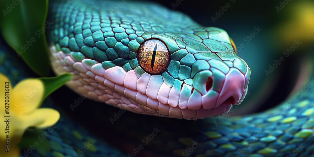 Fototapeta premium Bright green tree snake resting among vibrant foliage in a tropical setting during daylight hours