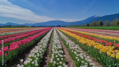 Aerial view of a colorful tulip field with snow-capped mountains in the background.