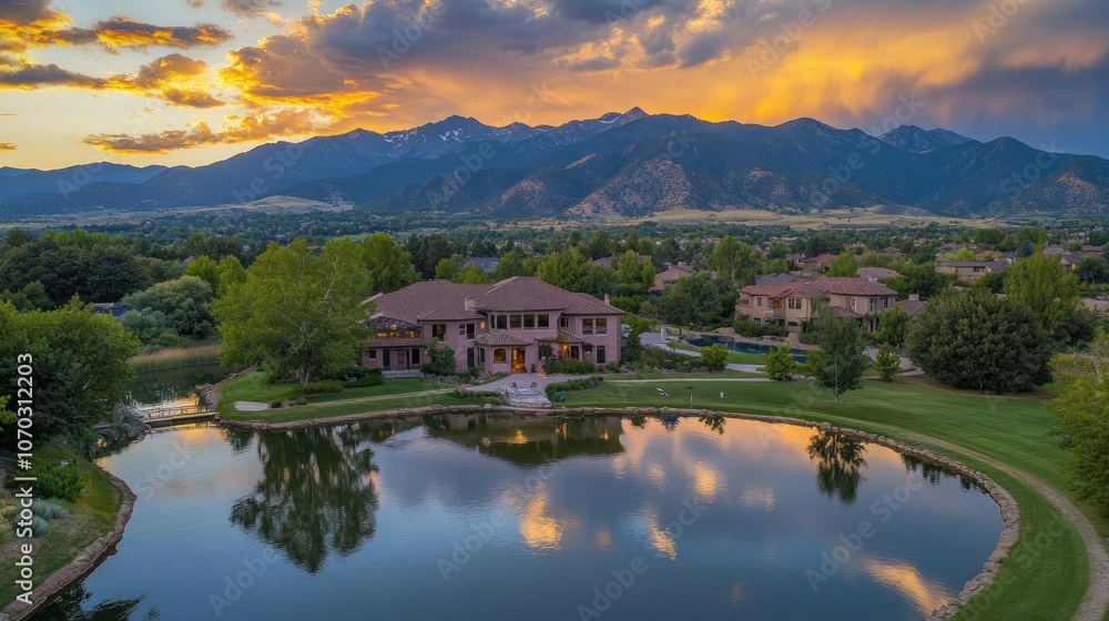 Fototapeta premium Luxury home with a lake and mountain views at sunset.