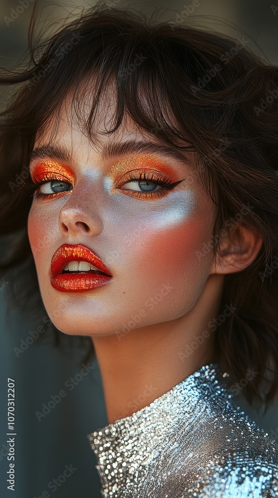 Stunning beauty with vibrant makeup showcasing bold colors and artistic expression during a creative photoshoot in a fashionable setting Stunning beauty with vibrant makeup showcasing bold colors and artistic expression during a creative photoshoot in a fashionable setting