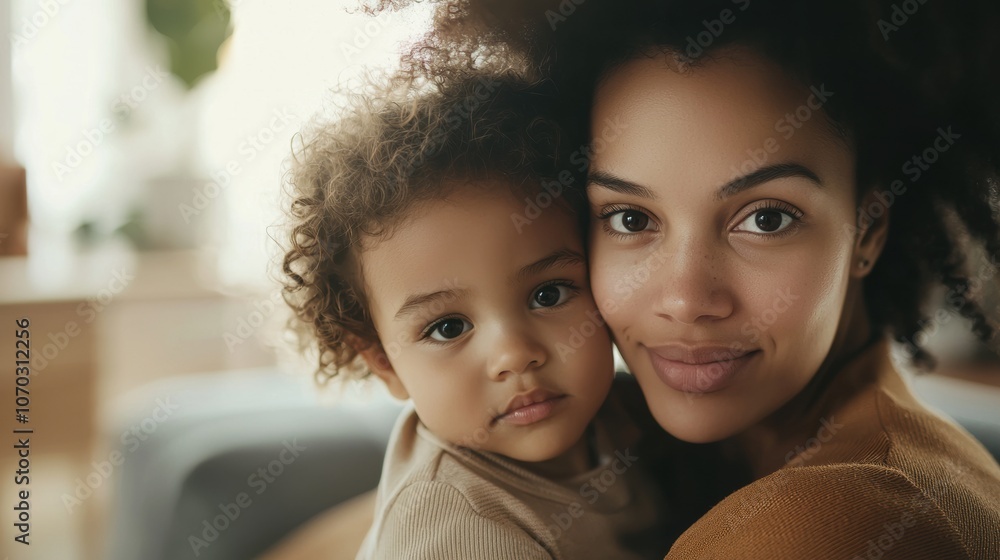 Joyful mother hugging child in a cozy home environment during daytime to celebrate their strong bond and connection Joyful mother hugging child in a cozy home environment during daytime to celebrate their strong bond and connection