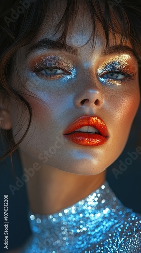 Glistening beauty showcasing striking makeup with metallic accents in an artistic portrait