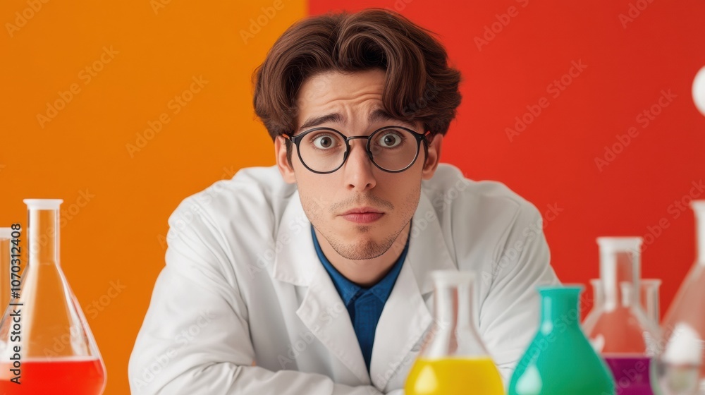 Young scientist surrounded by colorful lab flasks in a vibrant setting, AI Young scientist surrounded by colorful lab flasks in a vibrant setting, AI