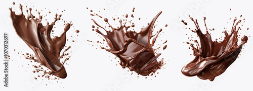 Three creamy chocolate splatters, chocolate splatter isolated on white, Created with Generative AI technology photo