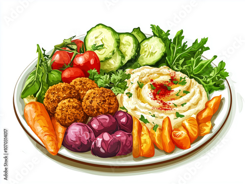 Sliced vegetables, falafel, and hummus arranged on plain plate