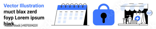 Calendar, padlock, and shopping cart with bags representing organization, security, and e-commerce. Ideal for business planning, online security, digital transactions, e-commerce, data protection