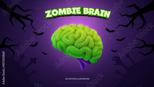 Glossy green 3D brain in a haunted cemetery, surrounded by eerie shadows and tombstones, Halloween or horror celebrate theme. Cute kids atmospheric vector illustration.