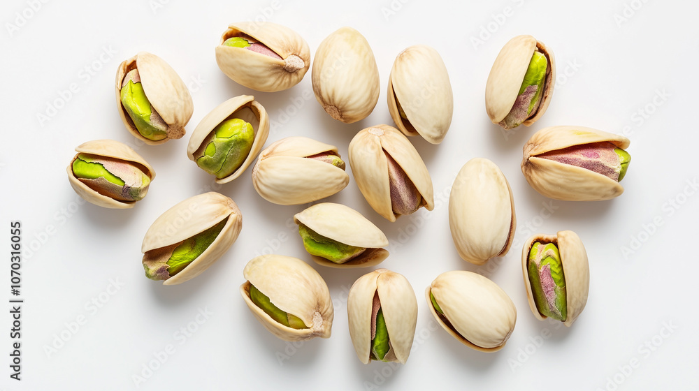 Scattered pistachios isolated on white background, Created with generative AI technology Scattered pistachios isolated on white background, Created with generative AI technology