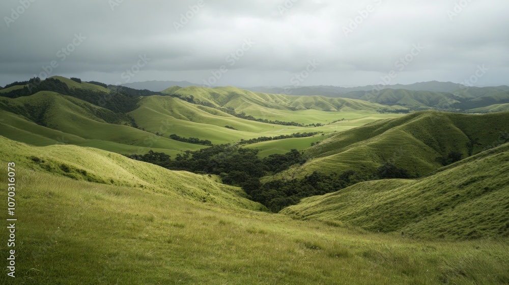 Obraz premium Rolling green hills under a cloudy sky.