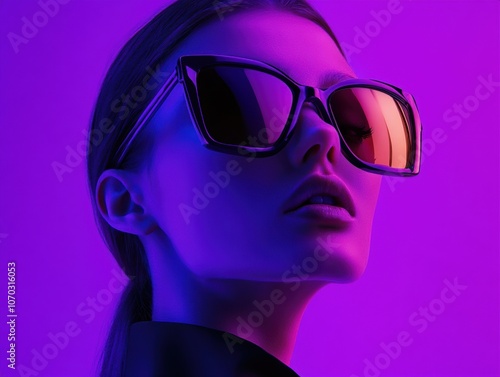 Striking portrait of a model wearing oversized sunglasses against a vibrant purple backdrop during a fashion shoot in a studio setting