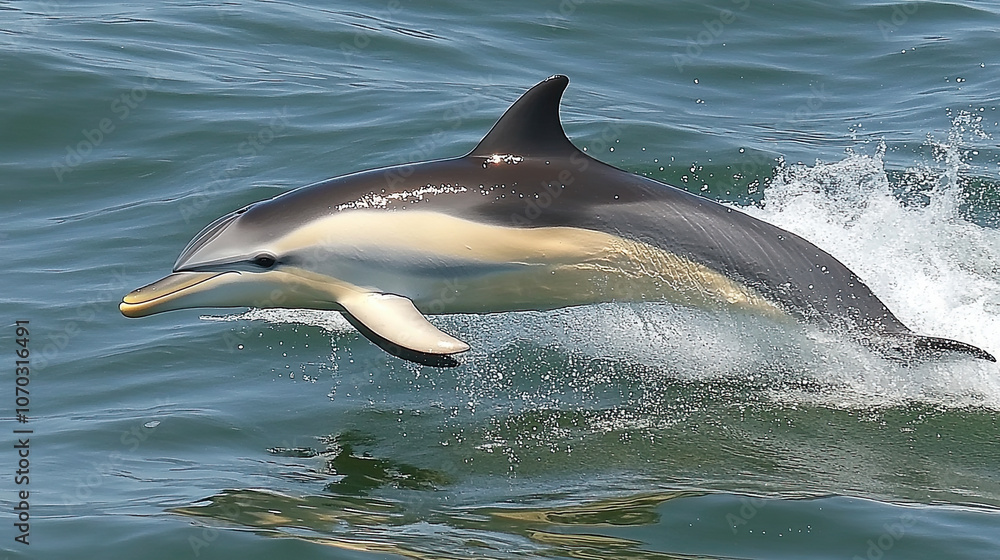 Fototapeta premium Dolphin Gracefully Leaps Above Ocean Waves Near Coastal Waters Under Bright Sunlight