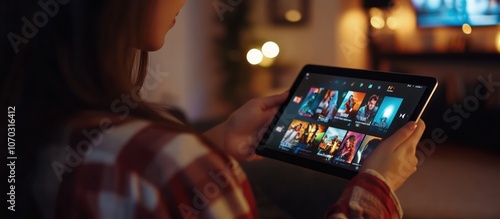 Woman Browsing Streaming Service on Tablet