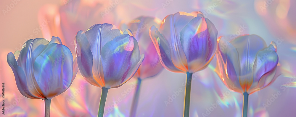 Ethereal tulips with iridescent petals in dreamy pastel colors, creating a magical macro photography effect with soft coral background Ethereal tulips with iridescent petals in dreamy pastel colors, creating a magical macro photography effect with soft coral background