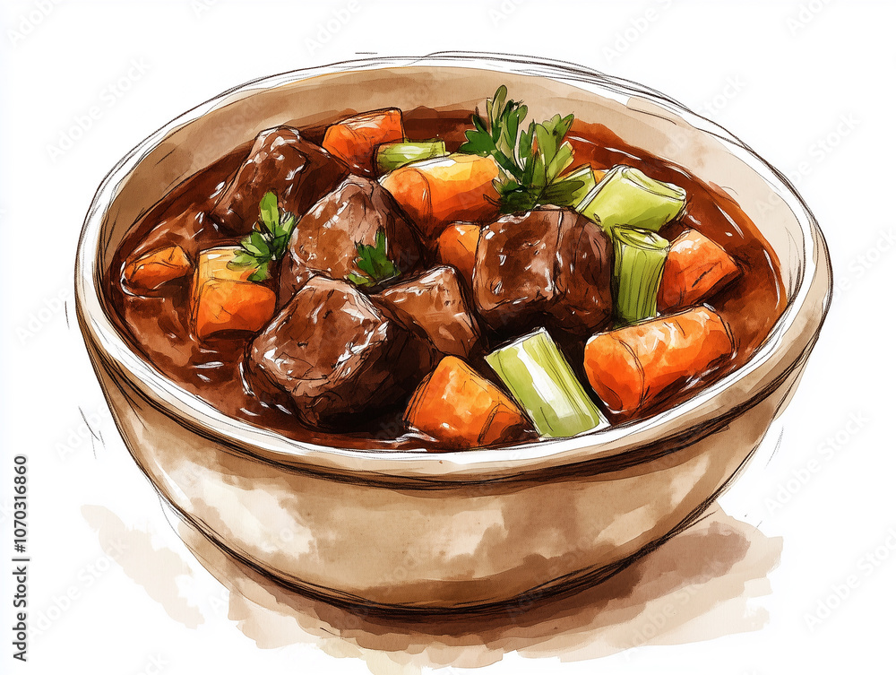 Hearty bowl of beef stew with carrots and celery chunks Hearty bowl of beef stew with carrots and celery chunks