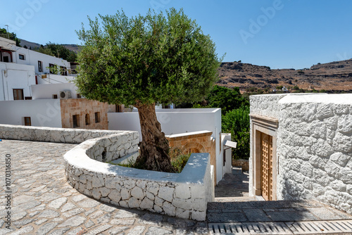 Beautiful medieval architecture of Lindos town in Rhodes, Greece. photo