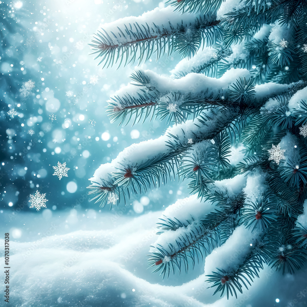 Christmas tree close-up covered with snow in forest, winter Christmas background, Holiday Season Christmas tree close-up covered with snow in forest, winter Christmas background, Holiday Season