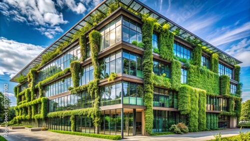 An eco-friendly office building with a glass exterior covered in green vines and plants, designed with energy-efficient architecture and rainwater collectors