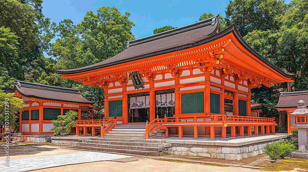 Traditional Japanese Temple With Vibrant Orange Architecture Surrounded by Lush Greenery During a Sunny Day