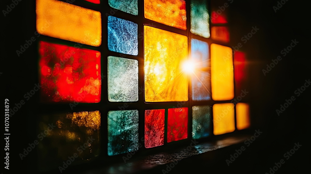Colorful Stained Glass Window Capturing Sunlight in a Serene Indoor Setting During Late Afternoon Hours Colorful Stained Glass Window Capturing Sunlight in a Serene Indoor Setting During Late Afternoon Hours