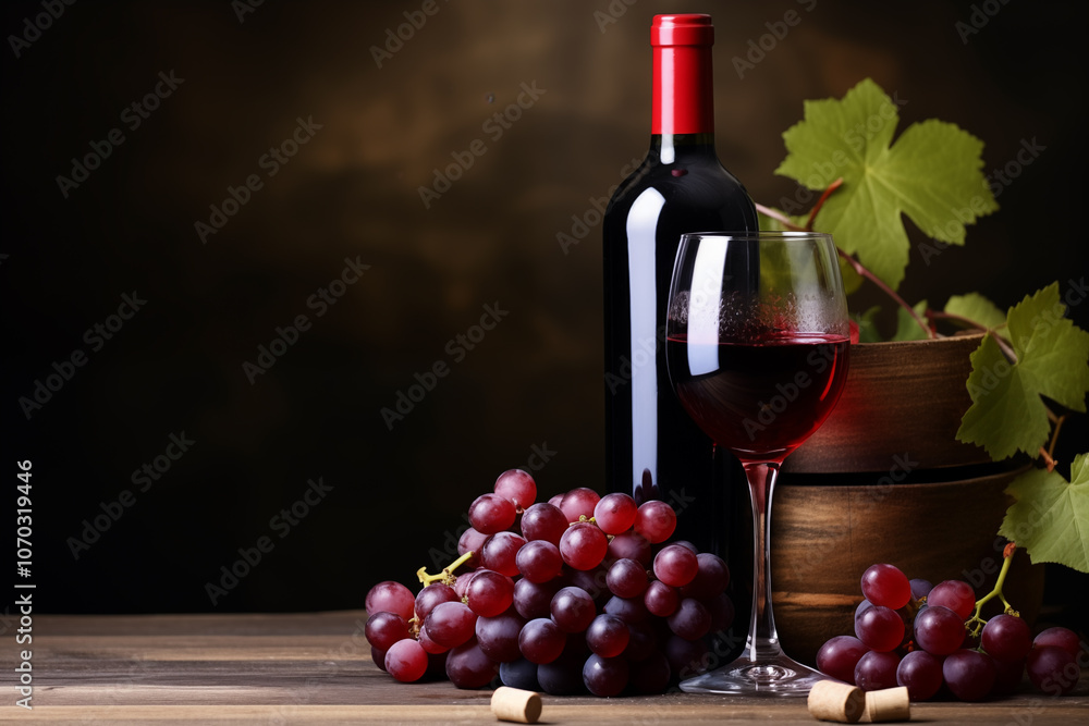 Obraz premium Red Wine Bottle and Glass with Grapes on Wooden Table - Space for Text