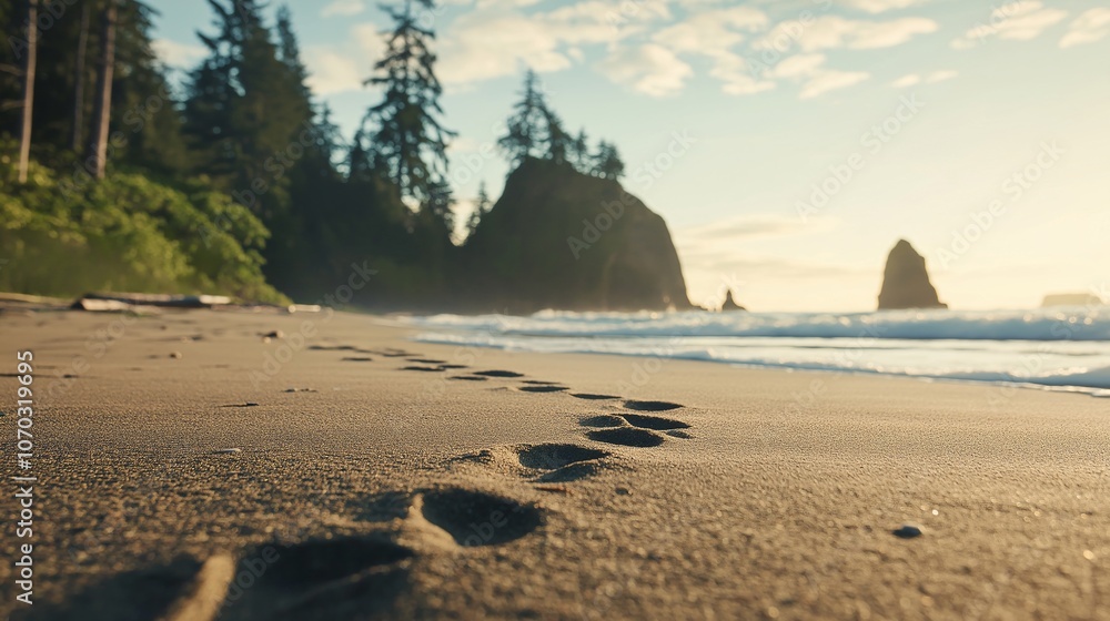 Tranquil Footprints on Sandy Beach at Sunset Tranquil Footprints on Sandy Beach at Sunset