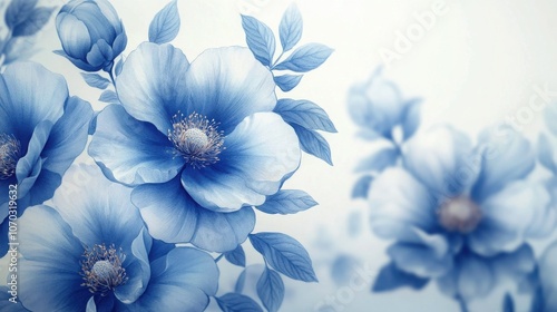 Delicate blue flowers with soft petals and a light background create a serene and romantic atmosphere.