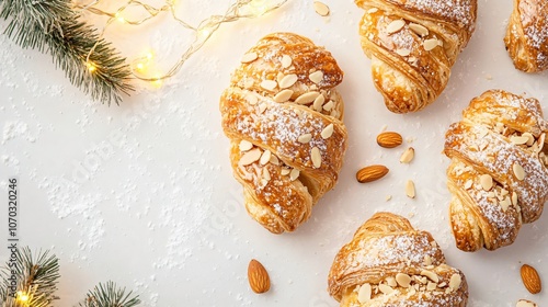 Bear claw pastry with golden glaze and almond slivers on a white background, with light holiday garlands photo